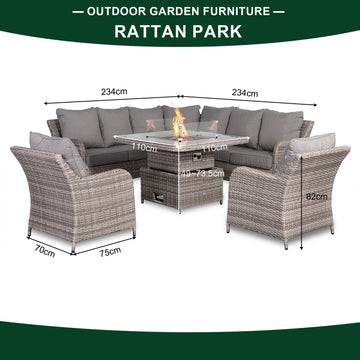 Sicily Aluminium High Back Round Corner Set with Rising Fire Pit Table and Two Chairs in Grey Weave